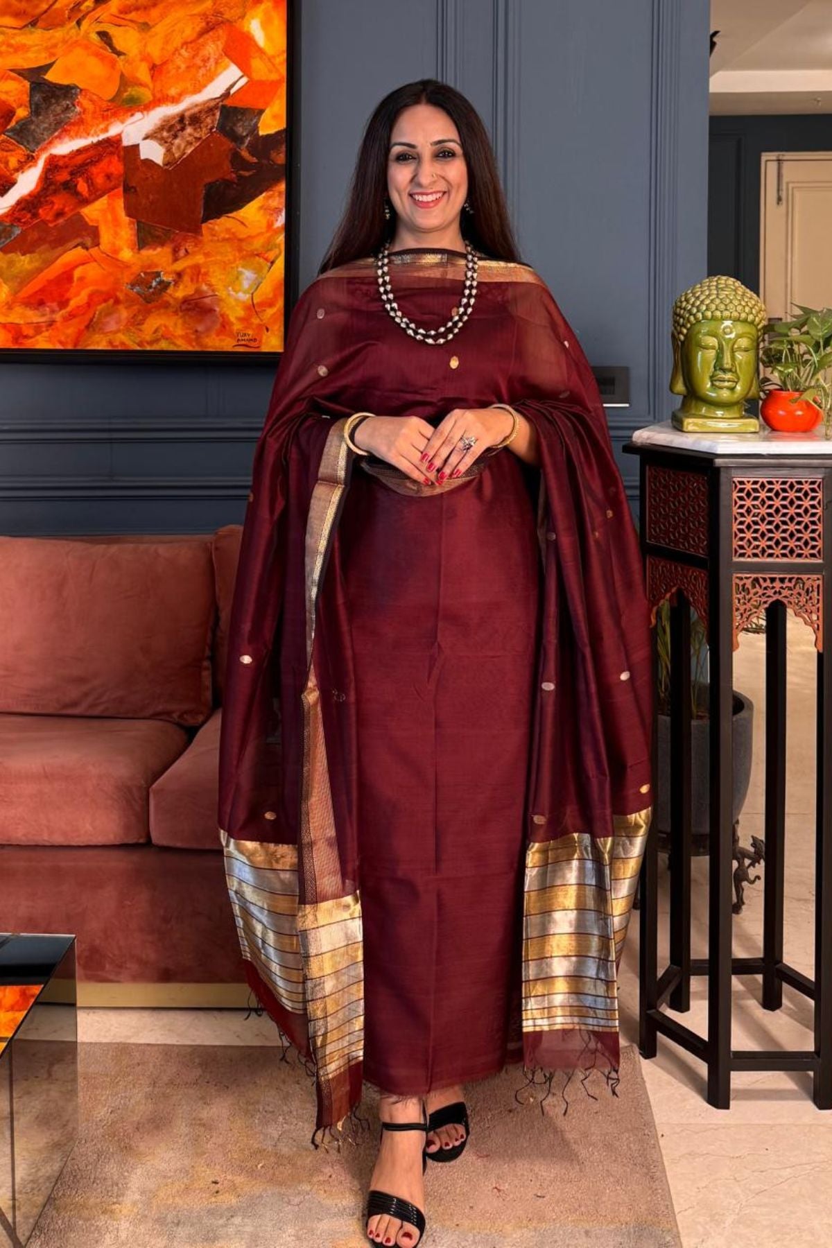 Handwoven Maheshwari silk kurta dupatta set